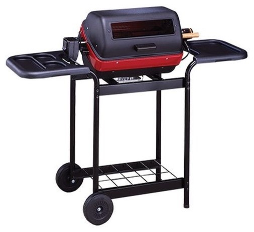 Electric Cart Grill With Two Polymer Side Tables, Wire Shelf, And Rotisserie