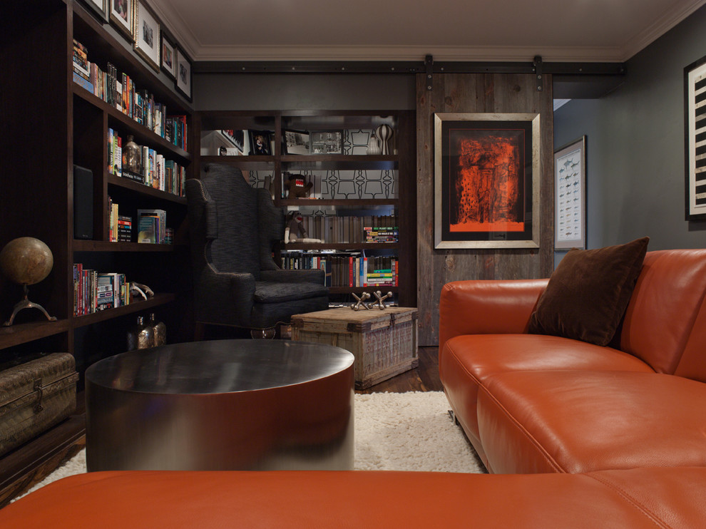 Mid-sized contemporary enclosed home theatre in San Francisco with grey walls, dark hardwood floors and brown floor.