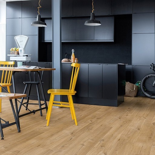 Photo of a contemporary eat-in kitchen in London with black cabinets, yellow splashback, black appliances and linoleum floors.