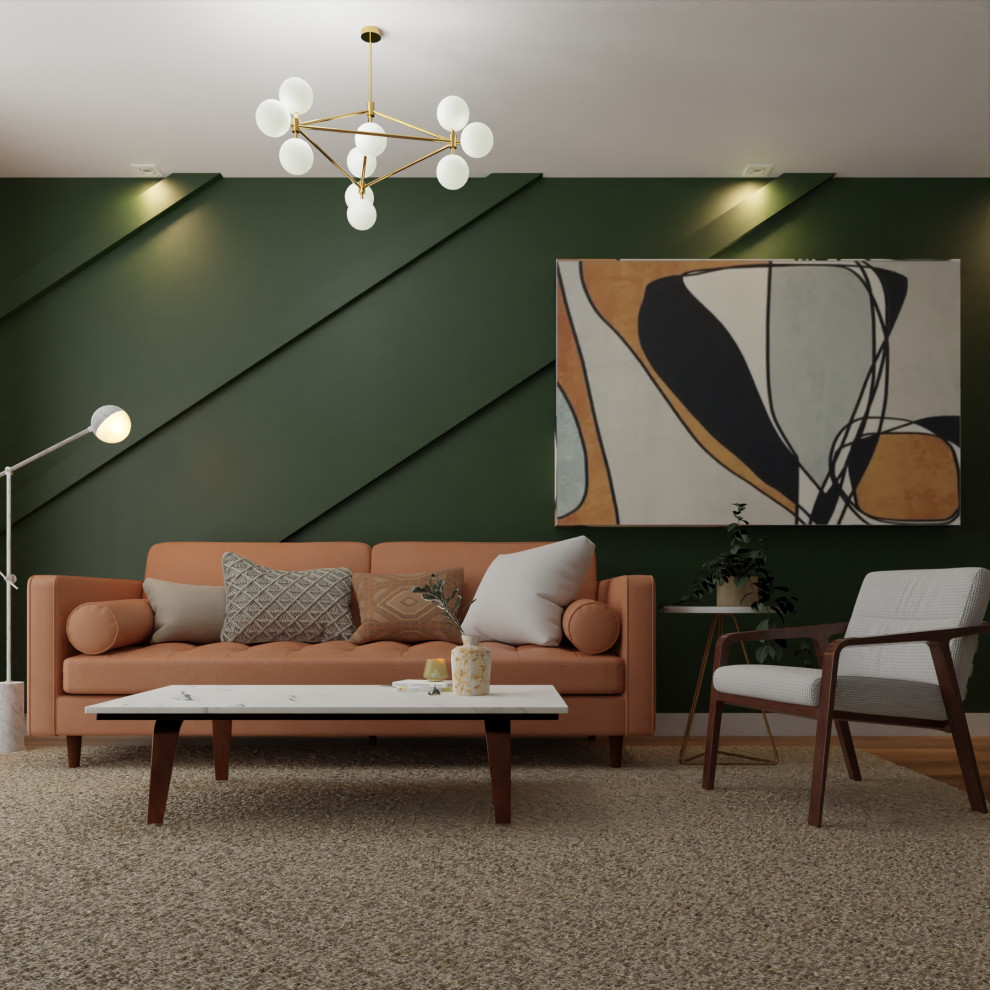На фото: маленькая изолированная гостиная комната в стиле ретро с зелеными стенами, ковровым покрытием, бежевым полом и панелями на части стены для на участке и в саду