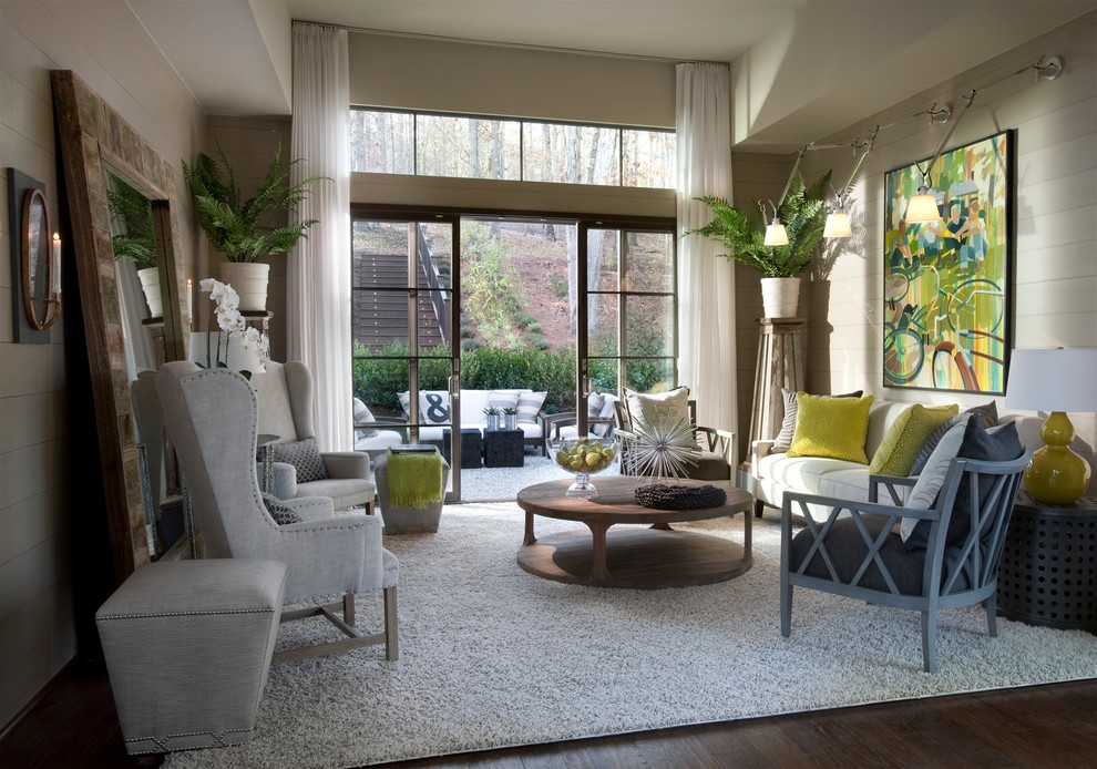 Inspiration for a mid-sized transitional formal enclosed living room in Atlanta with beige walls, dark hardwood floors, no fireplace, no tv and brown floor.