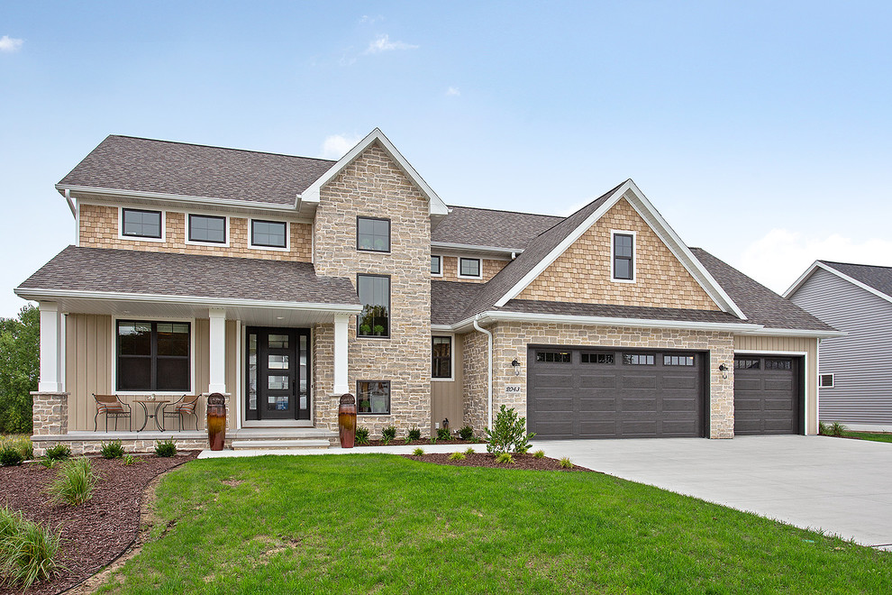 Inspiration for a coastal beige two-story mixed siding gable roof remodel with a shingle roof