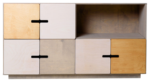 PIX Sideboard, Pebble Grey, White, Oak, 3 Cupboards