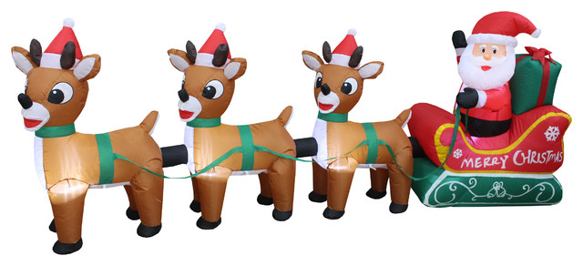 Christmas Inflatable Santa Claus On Sleigh Three Reindeer