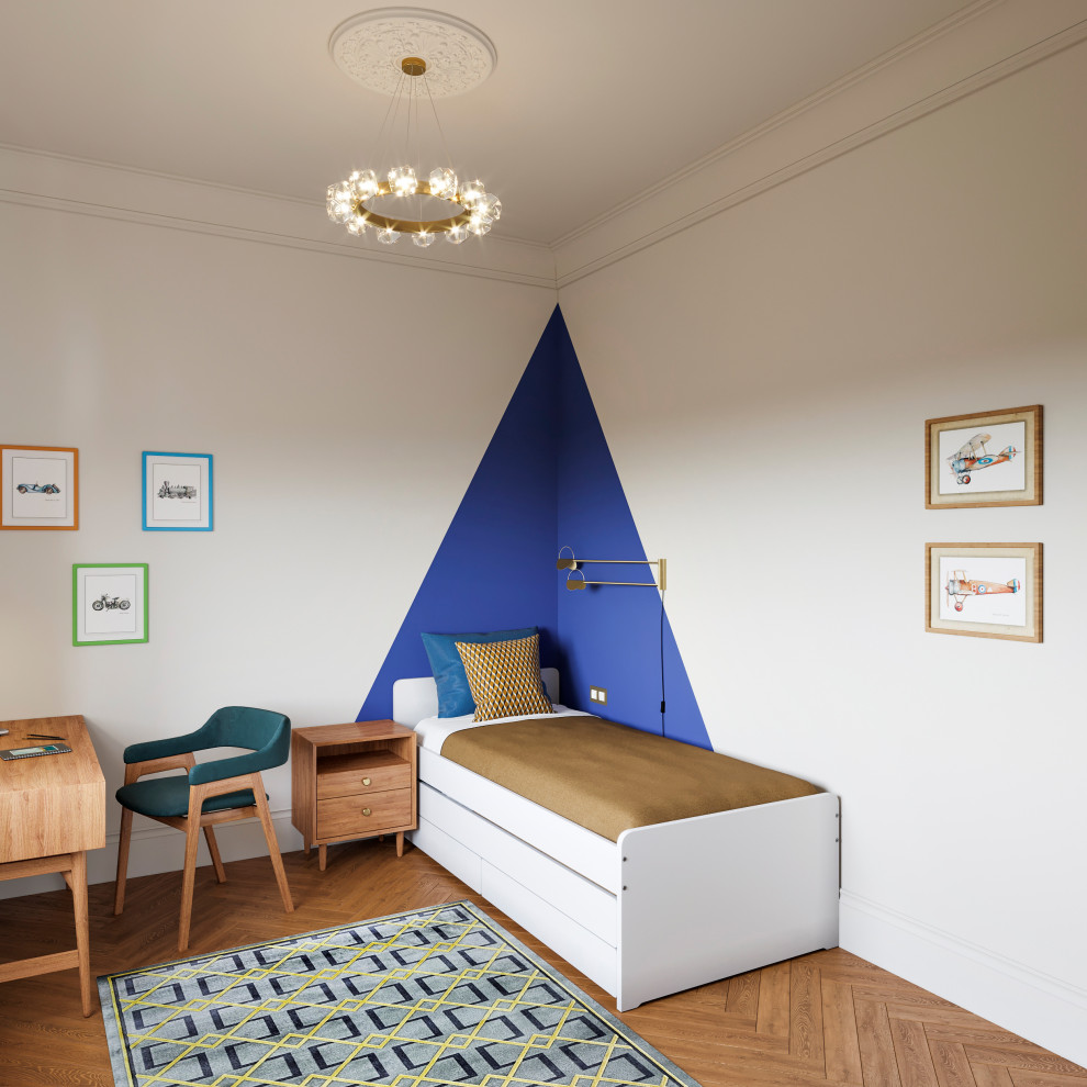 モスクワにあるエクレクティックスタイルのおしゃれな男の子の部屋 (白い壁、無垢フローリング、児童向け、照明) の写真