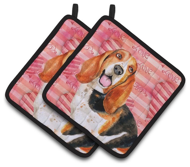 Basset Hound Love Pot Holders, Set of 2 Contemporary Oven Mitts And