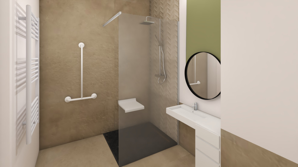 Photo of a mid-sized scandinavian 3/4 bathroom in Paris with a curbless shower, a wall-mount toilet, beige tile, stone tile, beige walls, cement tiles, an undermount sink, solid surface benchtops, beige floor and a single vanity.