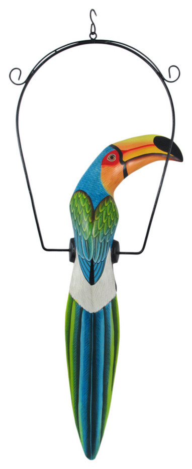 Hand Painted Wood Blue and Green Toucan Bird Hanging Statue 23 Inch