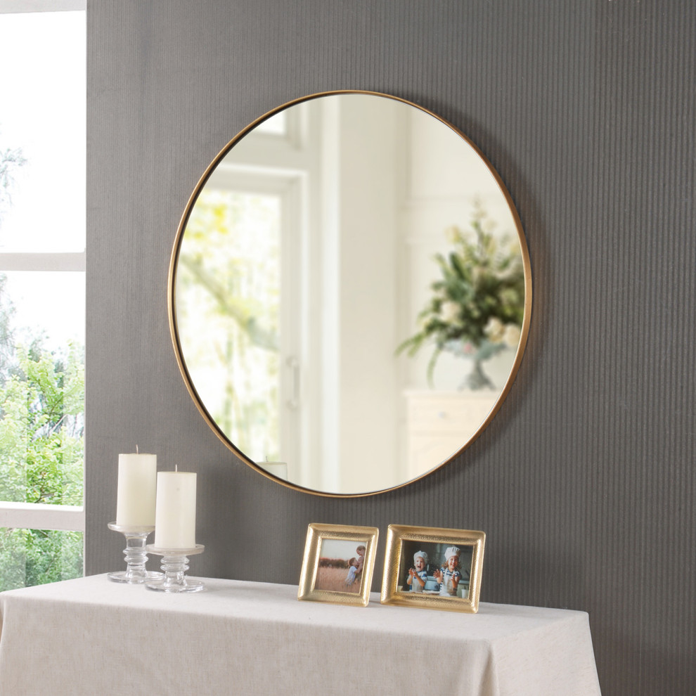 Motini Large Round Wall Mirror Brushed Brass 30 Clear Circle Metal Mirror Contemporary Wall Mirrors By Bld Leading Design Houzz