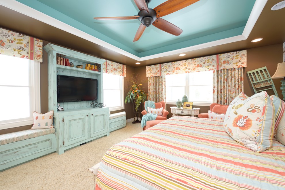 Inspiration for a large transitional master bedroom in Grand Rapids with multi-coloured walls, carpet and no fireplace.