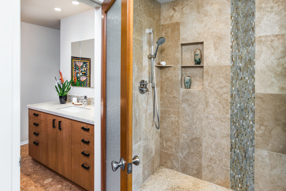 Design ideas for a mid-sized contemporary master bathroom in Santa Barbara with brown cabinets, an open shower, white walls, cork floors and brown floor.
