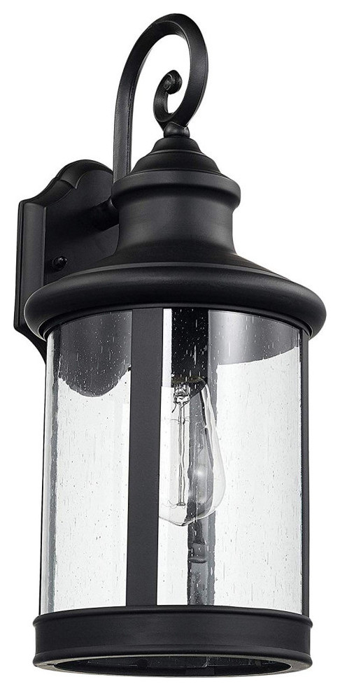 Farmhouse Wall Sconce, Metal Body With Clear Seeded Glass ... on Decorative Exterior Wall Sconce Black id=89593