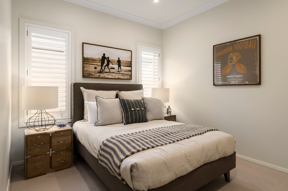 Mid-sized contemporary guest bedroom in Newcastle - Maitland with beige walls and carpet.
