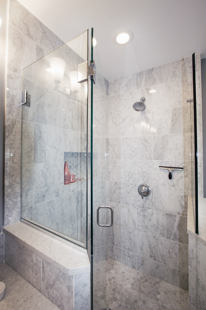 Walk-In Marble Shower in Glass Enclosure - Transitional - Bathroom ...