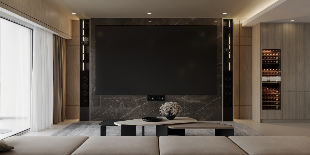 Foto de sala de estar contemporánea con suelo de baldosas de porcelana, pared multimedia, suelo beige y madera