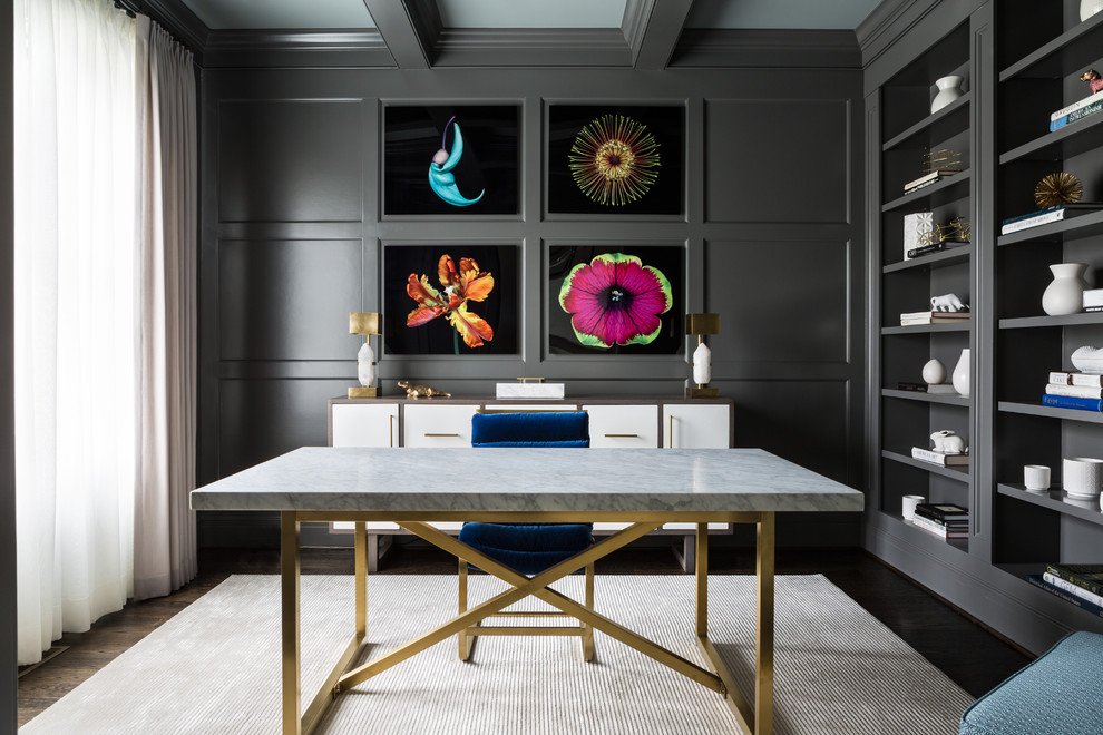 Inspiration for a transitional study room in DC Metro with grey walls, dark hardwood floors, a freestanding desk and brown floor.