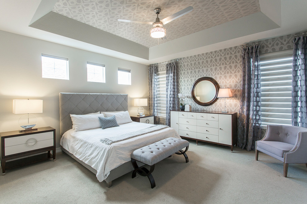 Photo of a mid-sized transitional master bedroom in Denver with grey walls, carpet, no fireplace and grey floor.