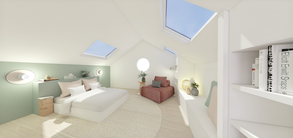 Diseño de dormitorio principal escandinavo de tamaño medio sin chimenea con suelo de madera clara
