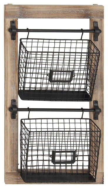 Farmhouse Wood And Iron 2 Tier Basket Wall Rack With Label Slot Industrial Organizers By Brimfield May - Metal Wall Basket Farmhouse Wood And Iron 2 Tier Basket Wall Rack With Label Slot Industrial Organizers By Brimfield May - Metal Wall Basket