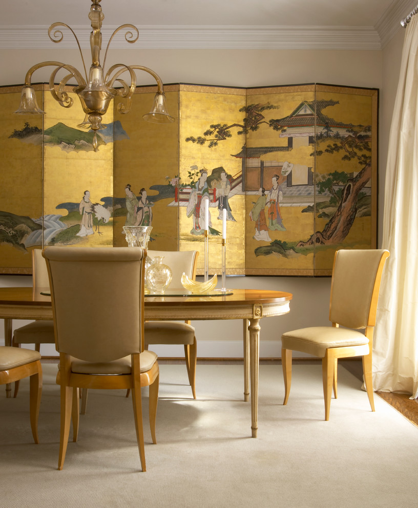 Asian dining room in Los Angeles with beige walls.