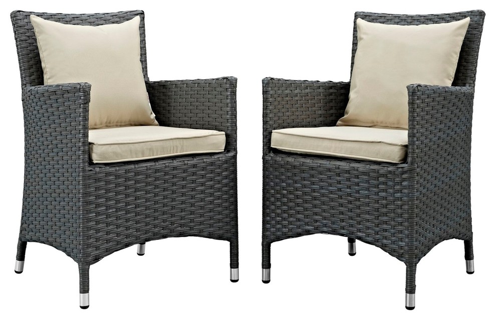 Modern Contemporary Outdoor Patio Dining Chair, Set of 2, Beige, Rattan