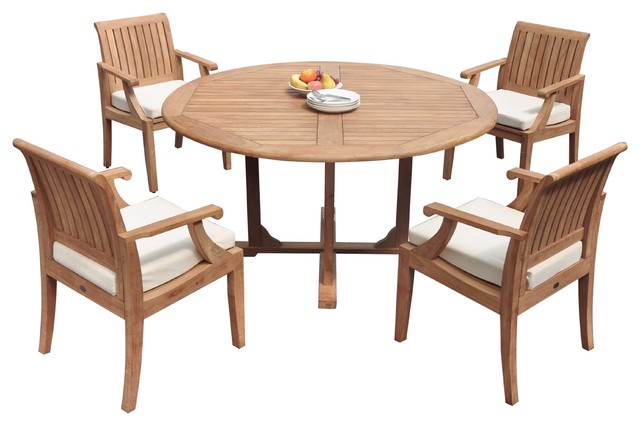 5 Piece Outdoor Patio Teak Dining Set, Round Outdoor Dining Table And Chairs For 4