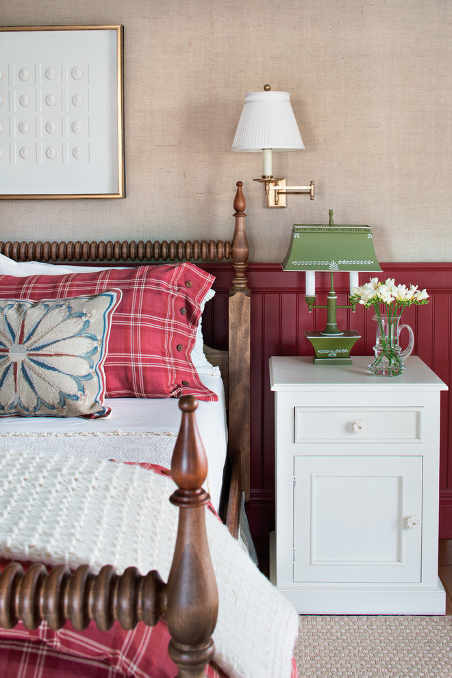 Mid-sized farmhouse guest medium tone wood floor and brown floor bedroom photo in Miami with beige walls and no fireplace