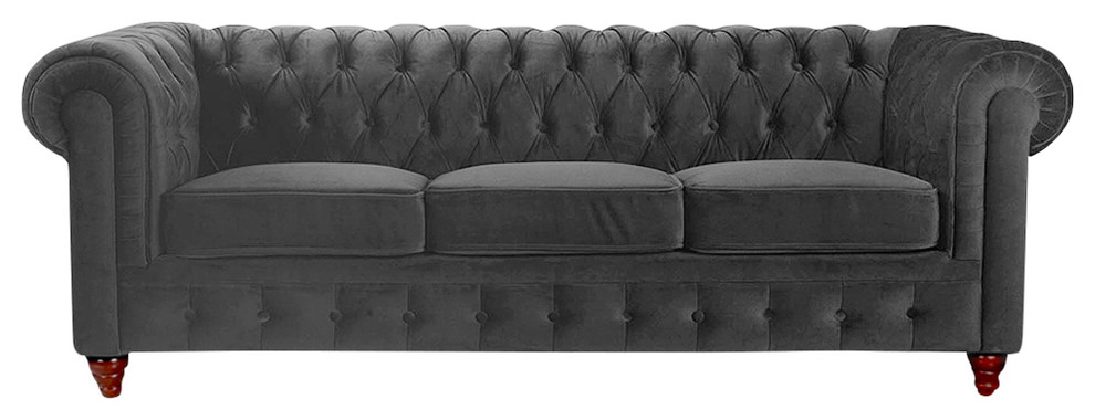 Classic Velvet Scroll Arm Tufted Button Chesterfield-Style Sofa, Gray