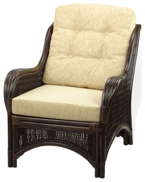 Jam Natural Rattan Wicker Handmade Chair Dark Brown Color, Cream Cushion