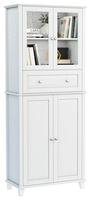 Modern Pantry Cabinet, Glass Doors & 5 Storage Compartments With ...