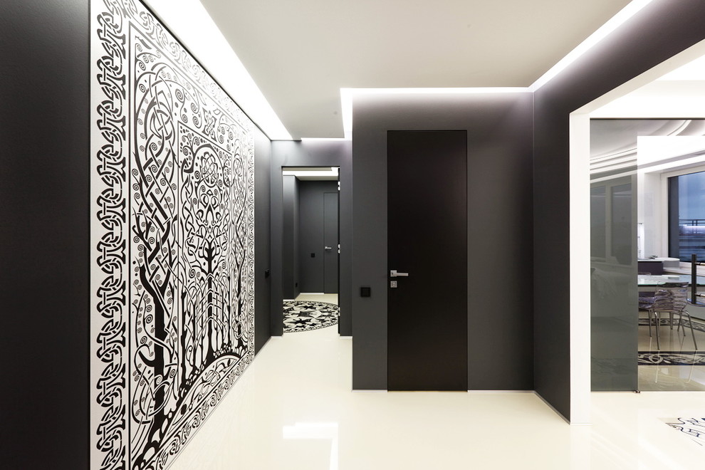 Inspiration for a mid-sized contemporary hallway in Saint Petersburg with black walls.