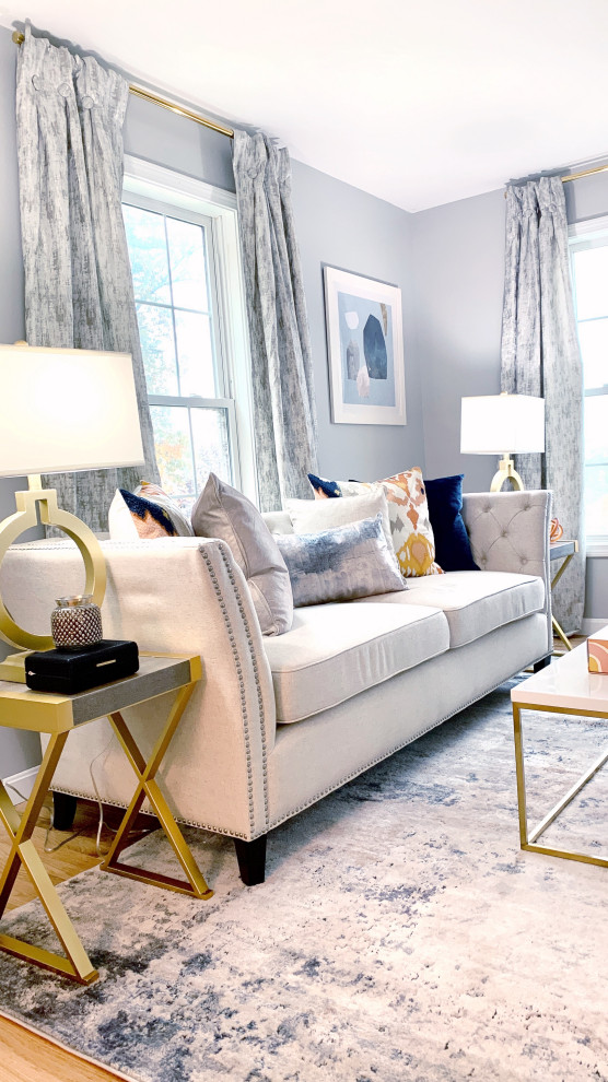 Источник вдохновения для домашнего уюта: изолированная гостиная комната среднего размера в современном стиле с серыми стенами и светлым паркетным полом