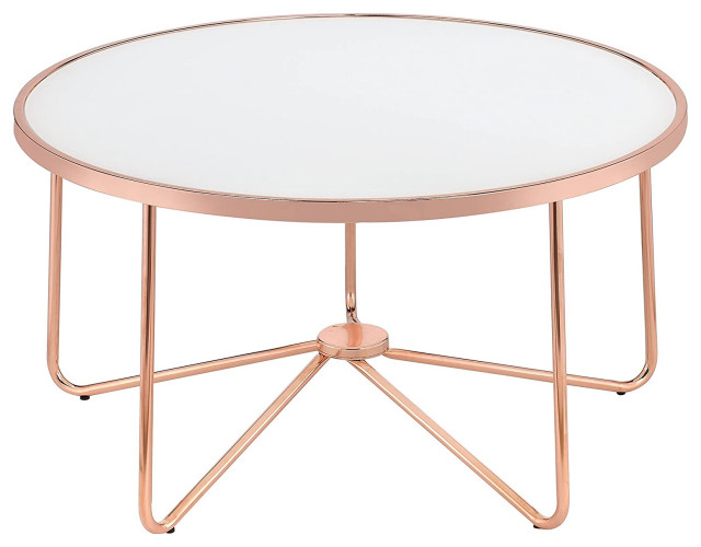 Elegant Coffee Table, Rose Gold Finished Metal Base With Round Frosted
