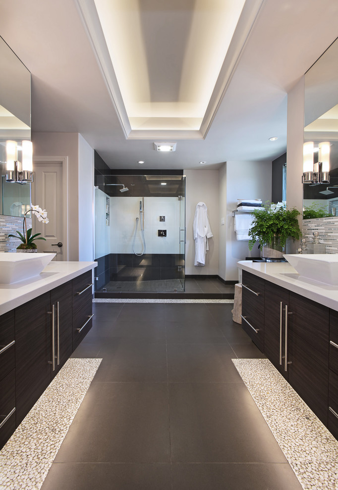 Contemporary master bathroom in Orange County with a vessel sink and a curbless shower.