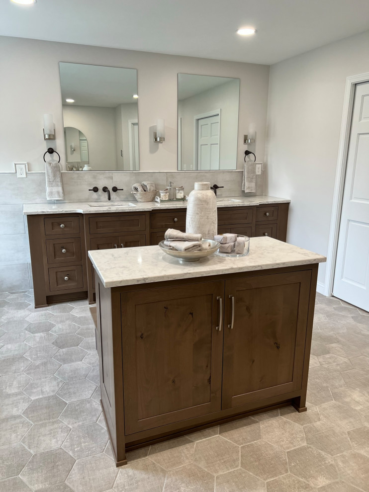 Bathroom - large transitional master white tile and porcelain tile double-sink bathroom idea in Cincinnati with medium tone wood cabinets, white countertops and a built-in vanity