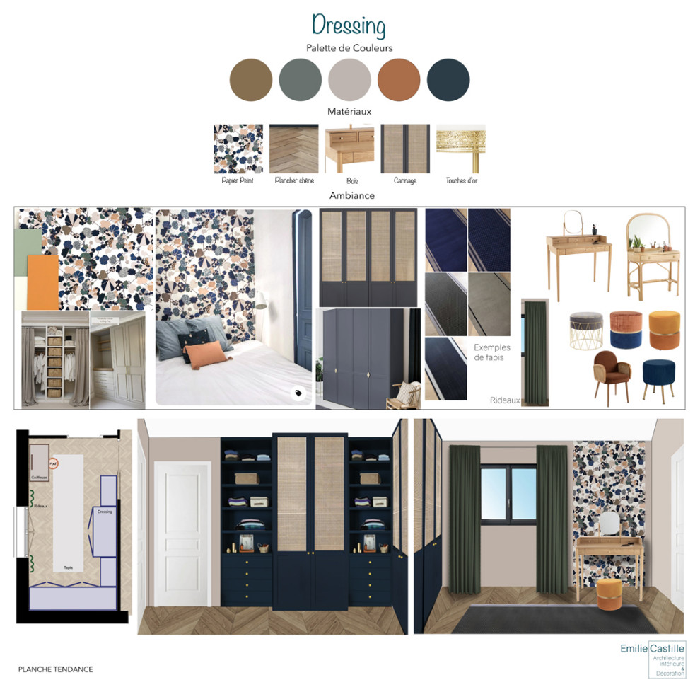 Idées déco pour un grand dressing contemporain avec parquet clair.