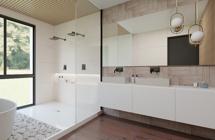 Photo of a large contemporary ensuite bathroom in Madrid with grey cabinets, a freestanding bath, a double shower, a wall mounted toilet, beige tiles, ceramic tiles, white walls, ceramic flooring, a vessel sink, solid surface worktops, brown floors, white worktops, double sinks and a floating vanity unit.