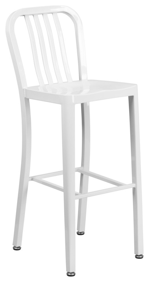 30'' High Metal Indoor-Outdoor Barstool With Vertical Slat Back, White