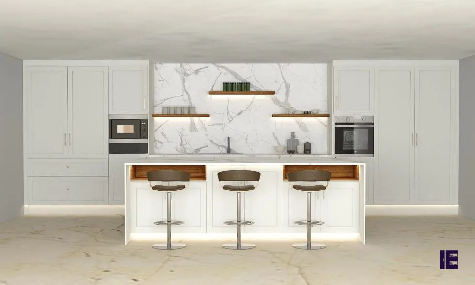 Inredning av ett modernt stort vit linjärt vitt kök och matrum, med en enkel diskho, släta luckor, vita skåp, bänkskiva i kvartsit och en halv köksö