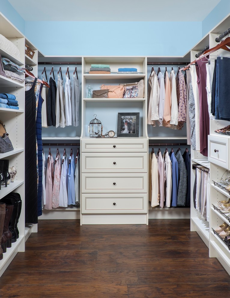 Photo of a mid-sized modern gender-neutral storage and wardrobe in Los Angeles with recessed-panel cabinets and white cabinets.