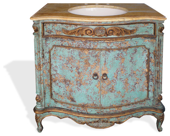 Top Romana Vanity, Turquoise Distressed with Gold and Marble Top