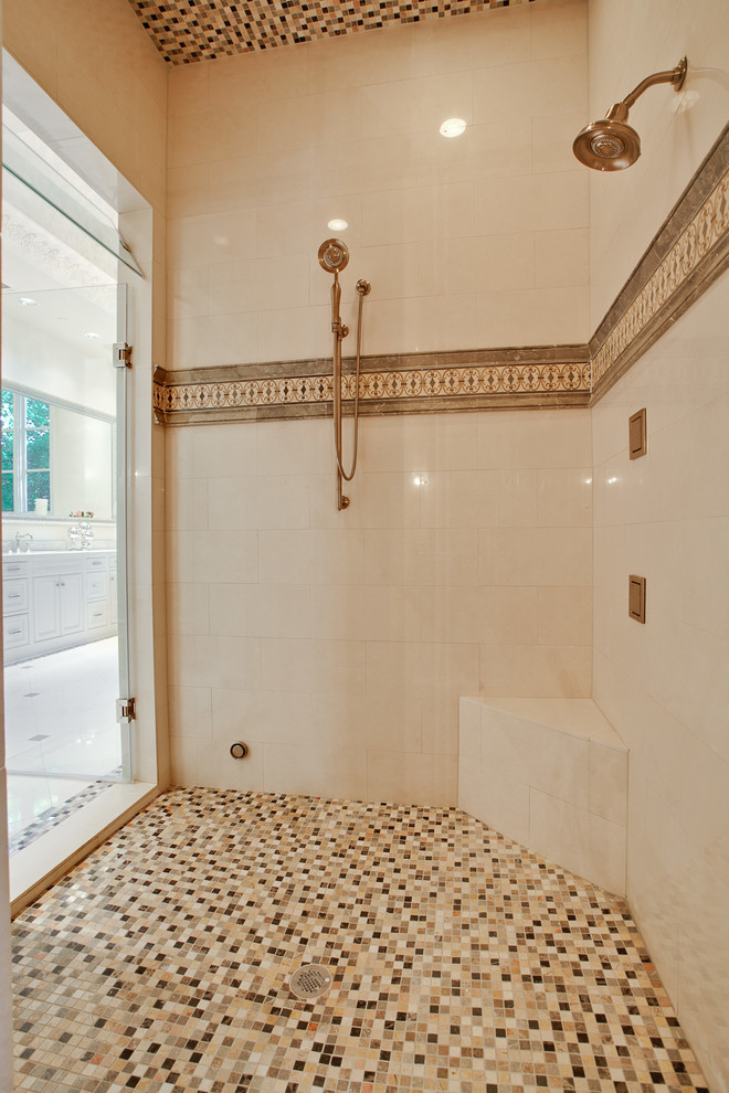 Design ideas for a large mediterranean master bathroom in Dallas with white tile, limestone, limestone floors and white floor.