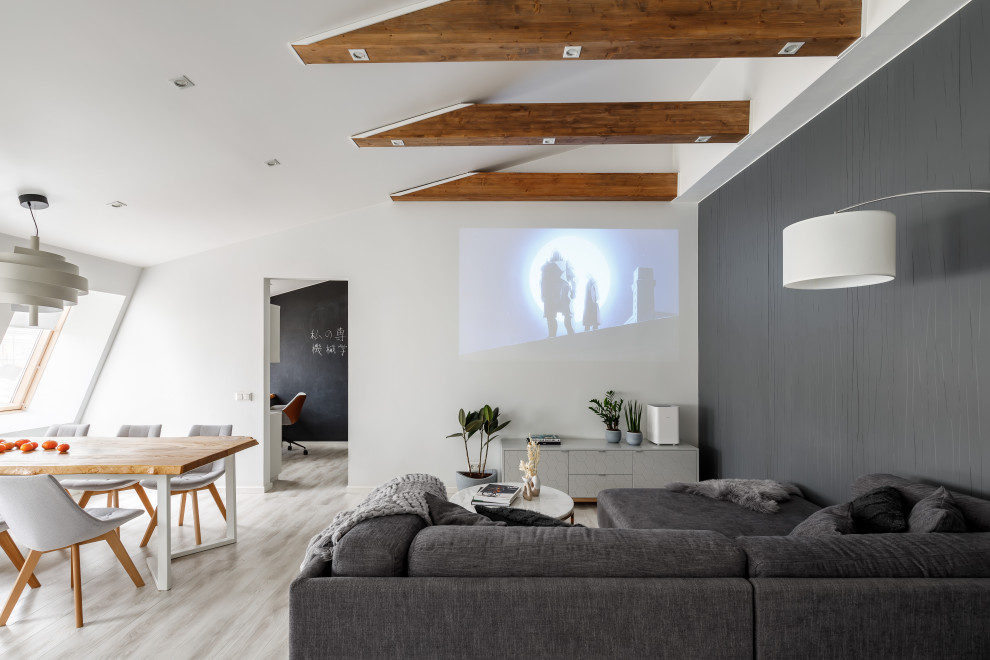 This is an example of a mid-sized scandinavian living room in Saint Petersburg with white walls, light hardwood floors, no tv, beige floor and exposed beam.