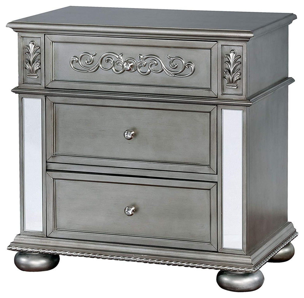 Traditional Nightstand, Unique Design With Mirrored Accents and Floral