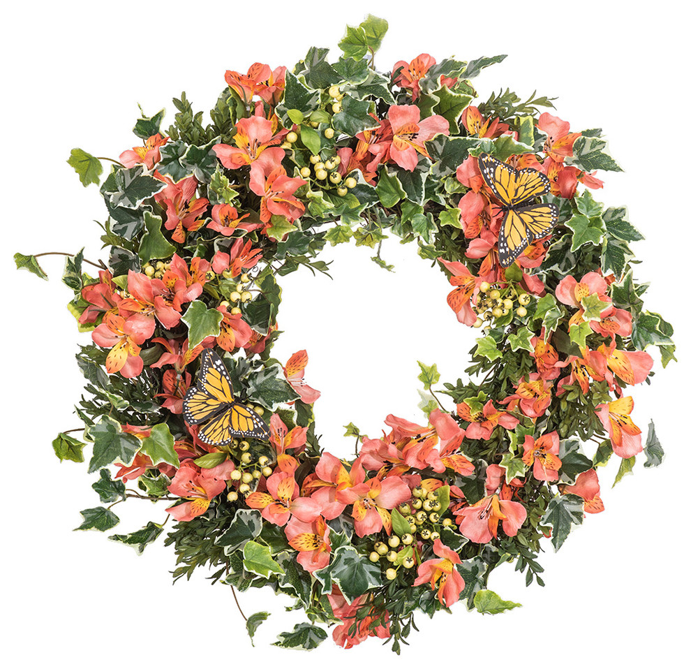 Orange Yellow Alstroemeria Floral Berry and Ivy Monarch Butterfly Wreath, 30"