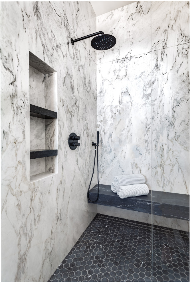 Inspiration for a large contemporary master black floor and mosaic tile floor shower bench remodel