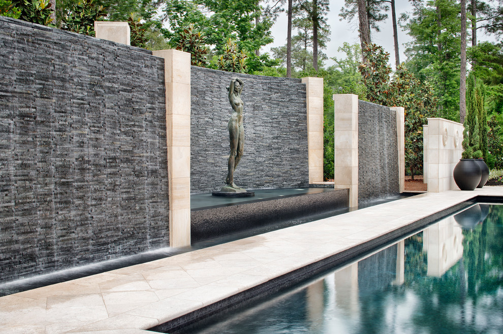 Huge transitional backyard custom-shaped pool fountain photo in Houston
