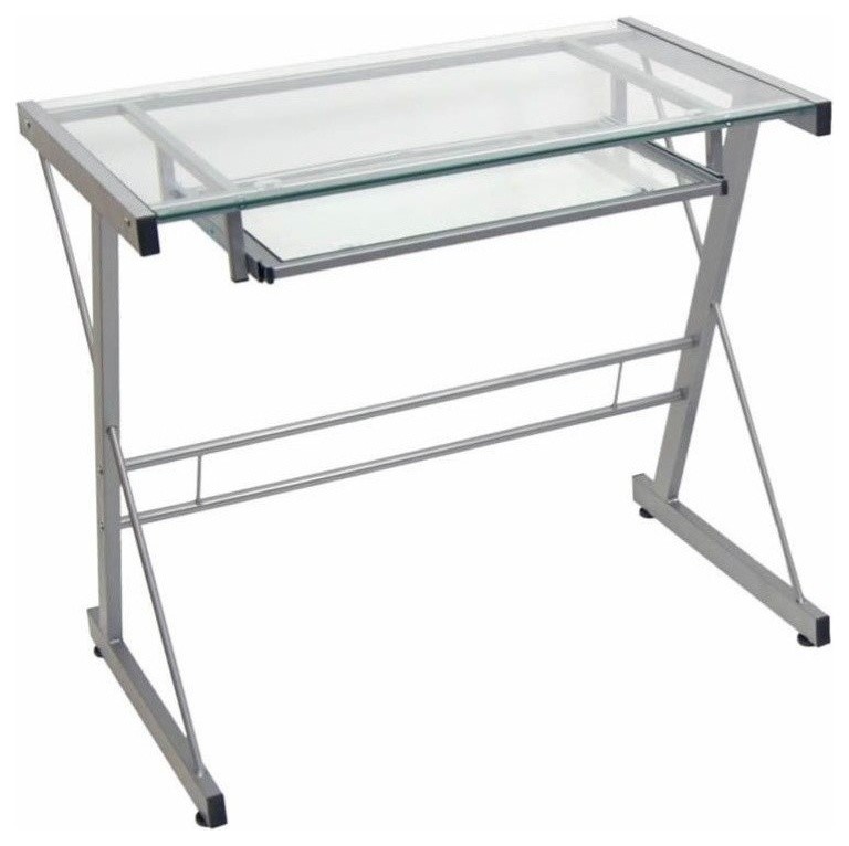 Pemberly Row Small Glass Top Computer Desk in Silver