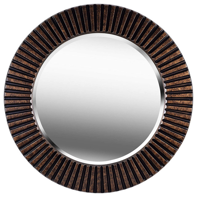 Transitional Wall Mirror, Round Design With Ridged Wooden Frame and