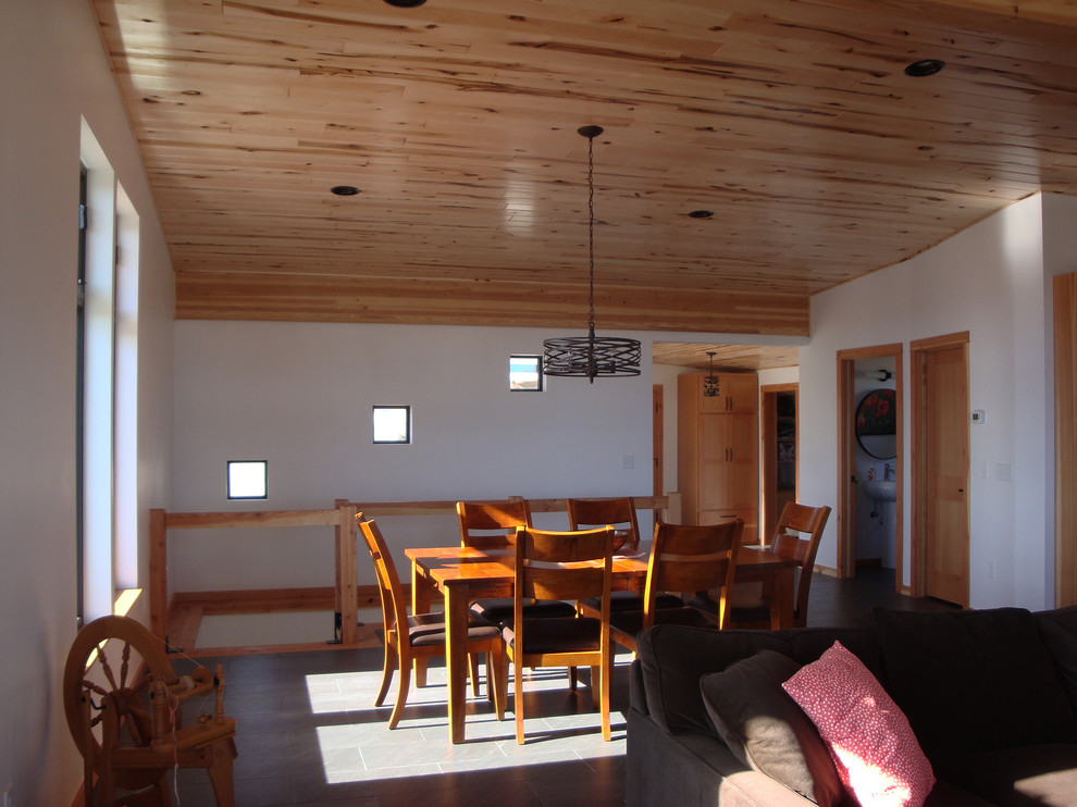 Источник вдохновения для домашнего уюта: кухня-столовая среднего размера в стиле модернизм с белыми стенами и полом из керамической плитки